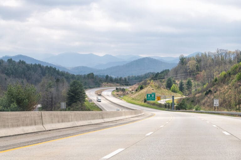 Smoky Mountains near Asheville, North Carolina and trucks at i26 highway
