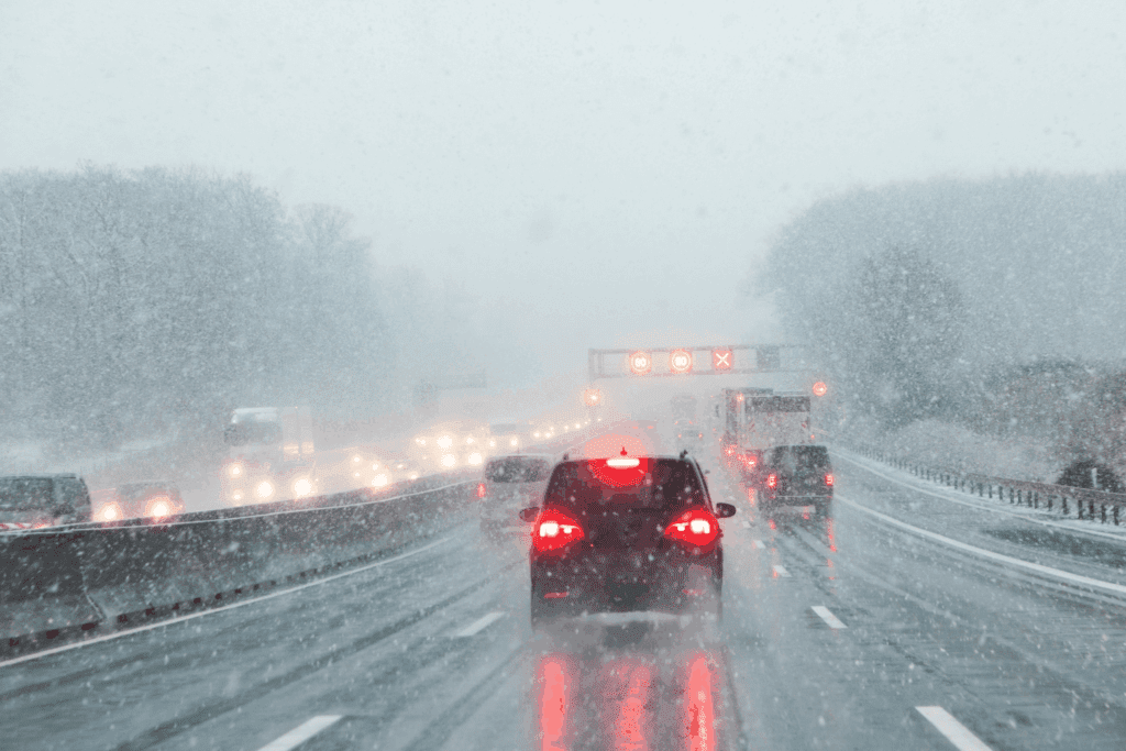rear view of vehicle flashing its break lights on the highway surrounded by wet weather